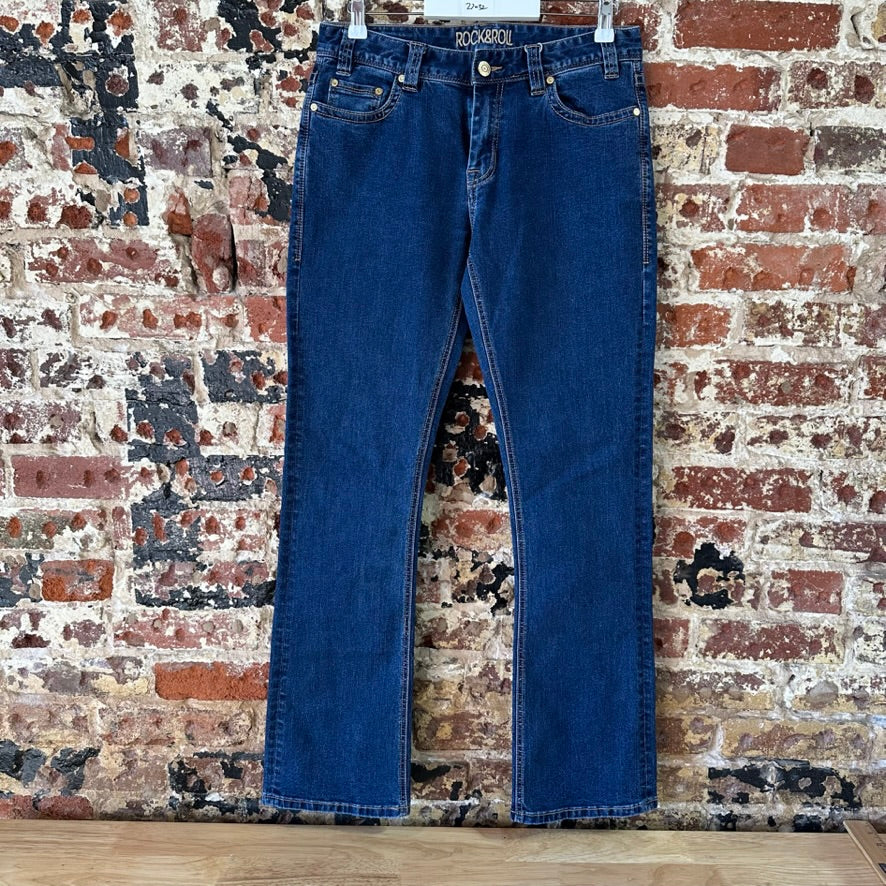 Rock & Roll Cowgirl Boyfriend Jeans Womens 27x32 Blue Denim Stretch Thick Stitch
