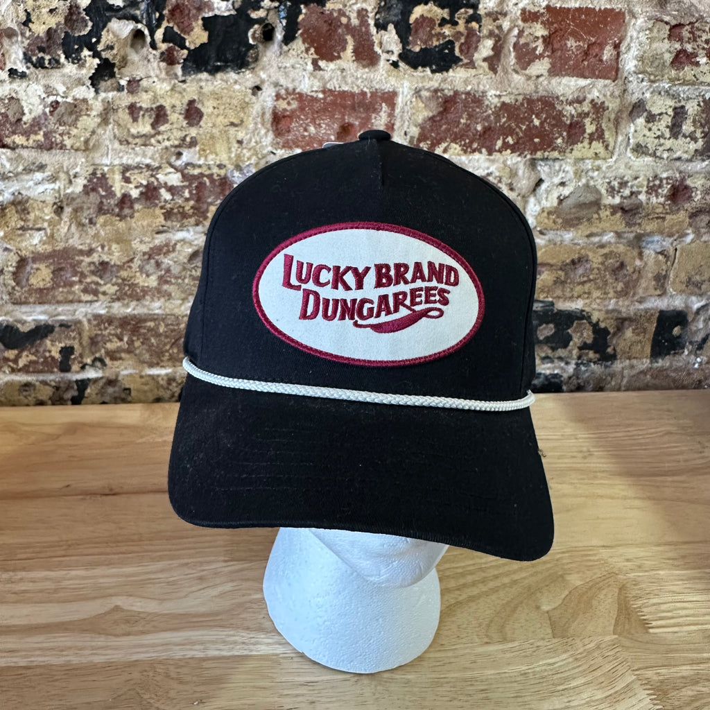 Lucky Brand Dungarees baseball Hat SnapBack black logo patch rope detail NEW