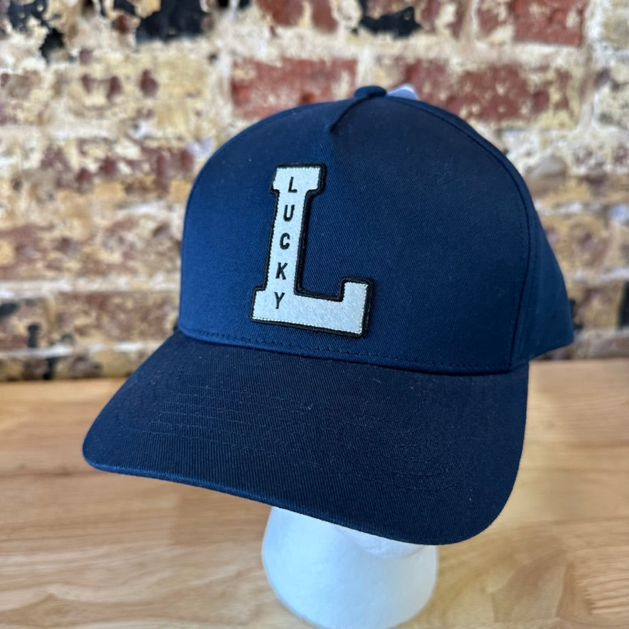 Lucky Brand Mens Navy Blue Lucky L Patch Snapback Baseball Hat New