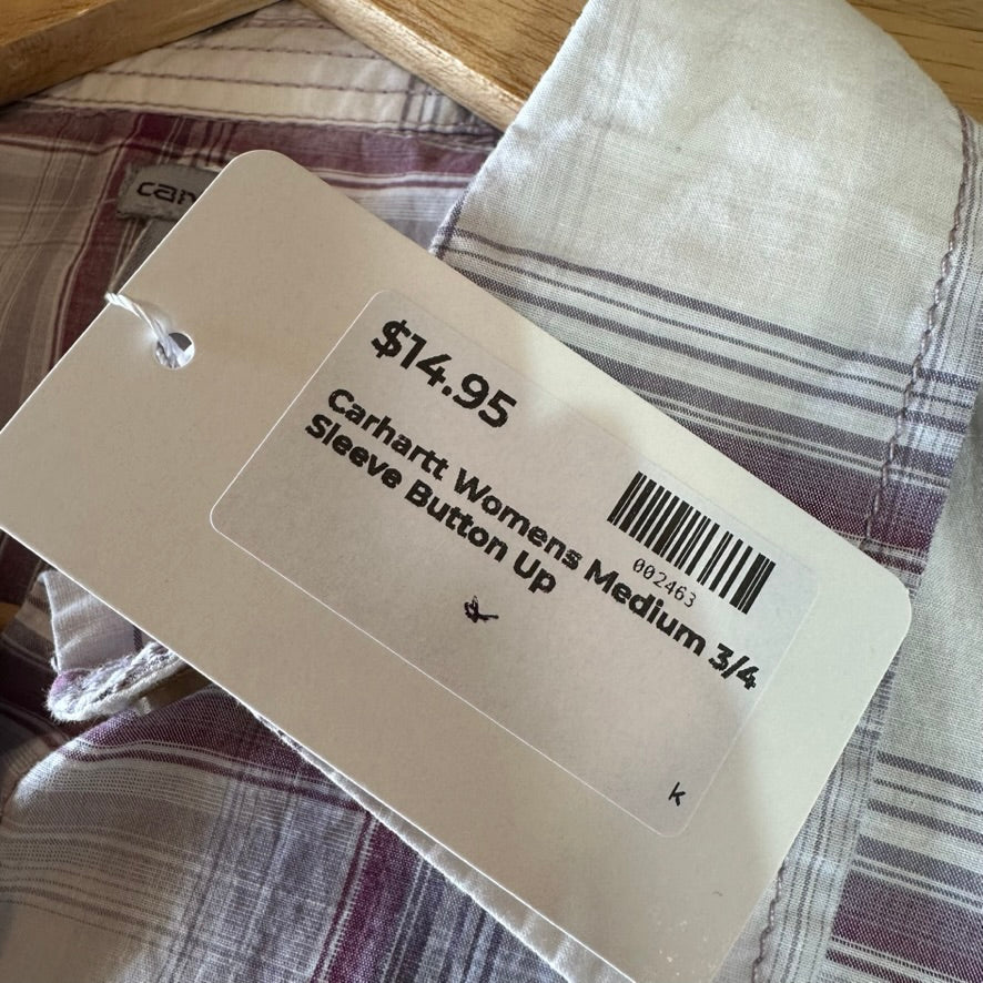 Carhartt Womens Medium Button Shirt 3/4 Sleeve Button Up Workwear White plaid