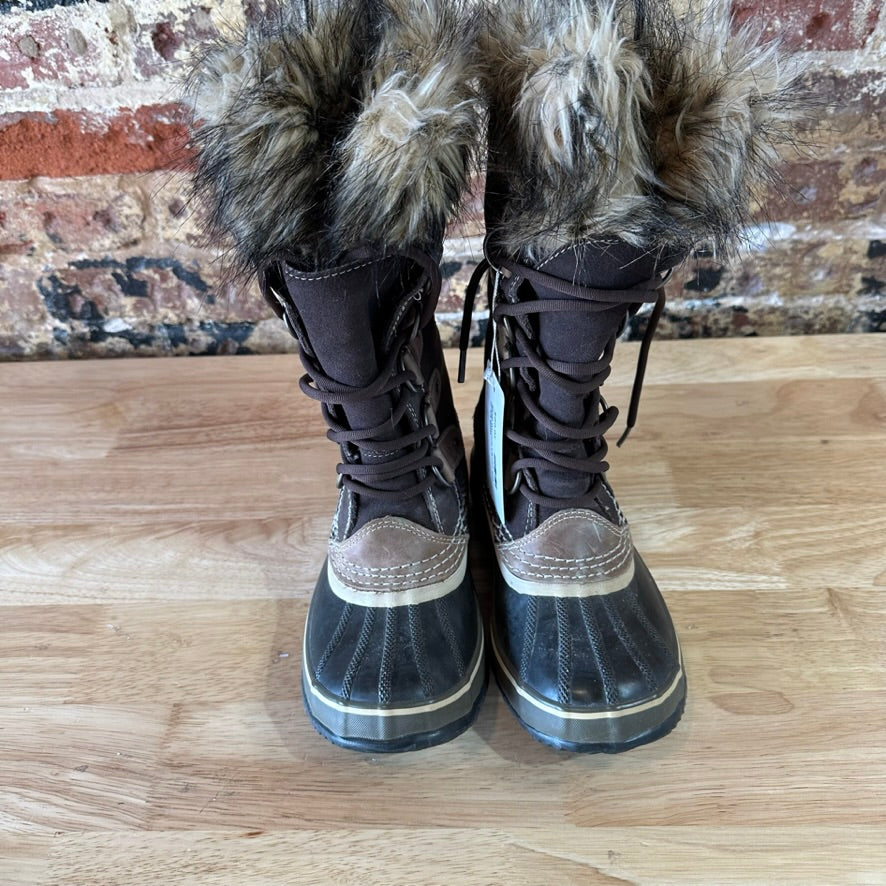 Sorel Joan Of Arctic Faux Fur Trimmed Leather Lace Up Boots Size 7 Brown