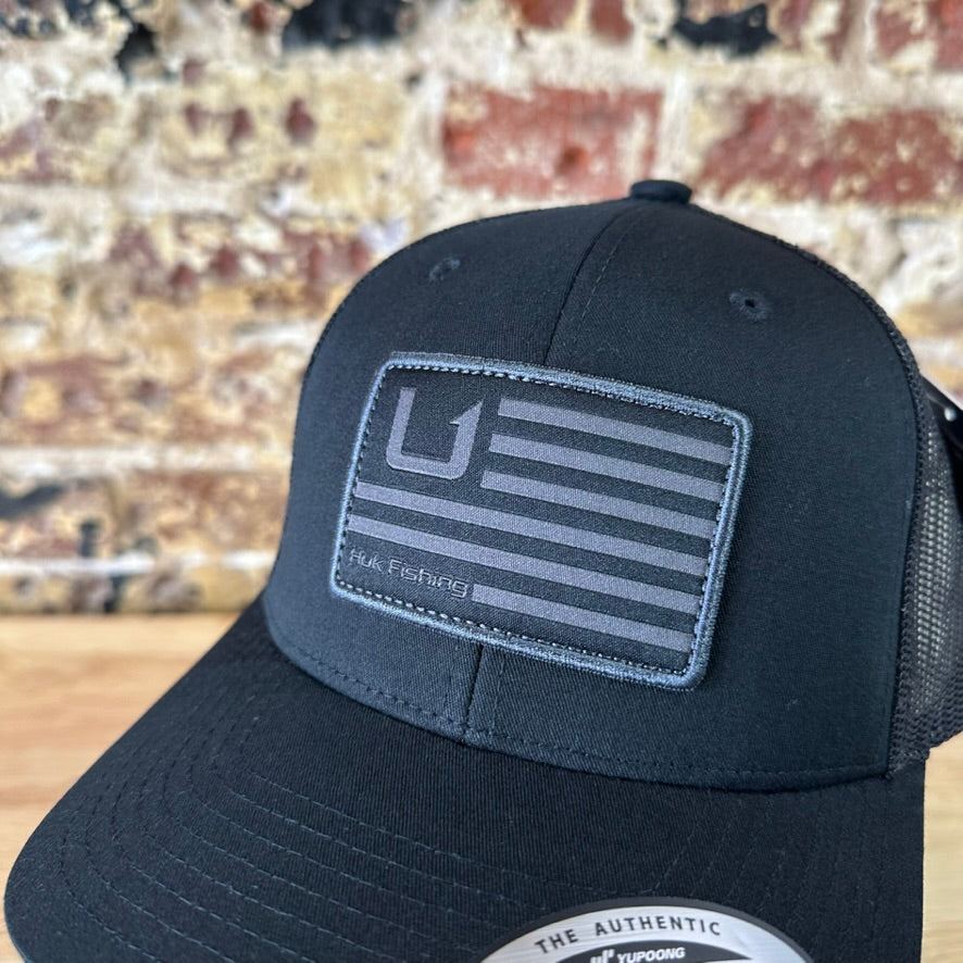 Huk Fishing Mens Black Flag Hook Logo Adjustable Snapback Cap Hat NEW