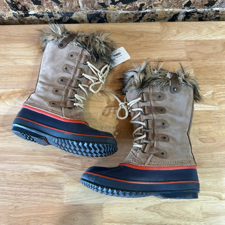 Sorel Joan Of Arctic Faux Fur Trimmed Leather Lace Up Boots Size 7 Tan Blue