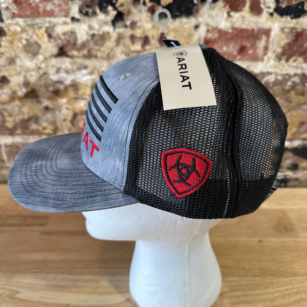 Ariat Mens Gray Red Flag Logo Adjustable Snapback Cap Hat NEW