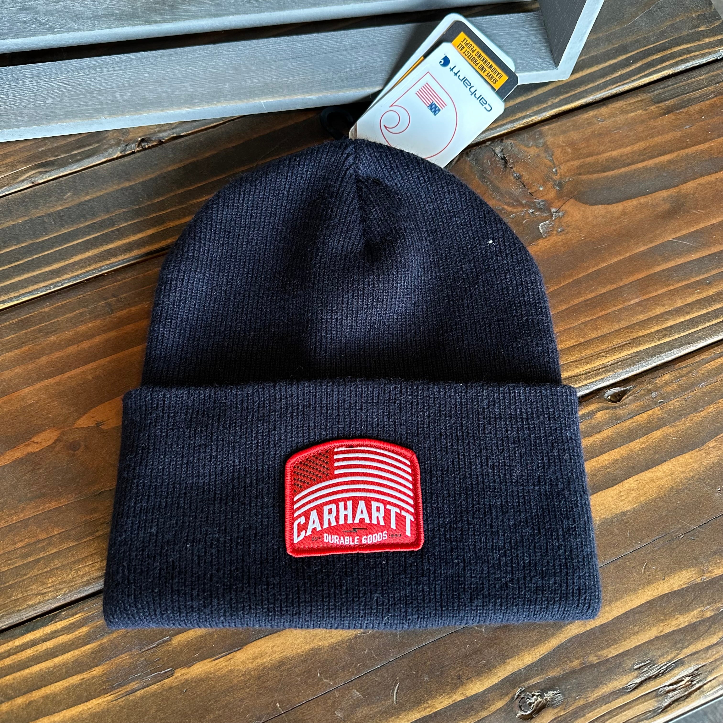 Carhartt Rib Knit Beanie Flag Patch Navy Blue NEW Hat OS