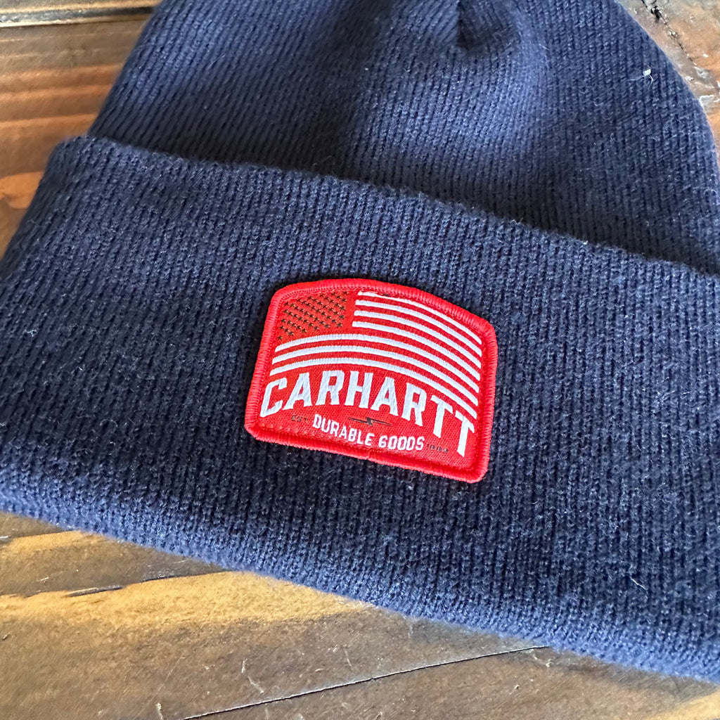 Carhartt Rib Knit Beanie Flag Patch Navy Blue NEW Hat OS