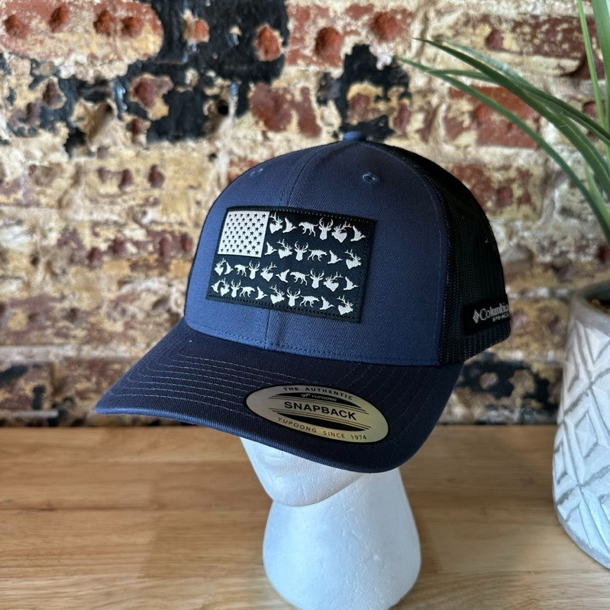 Columbia PHG Sportswear Mens Blue Antlers Flag Hat Mesh back Snapback NWT