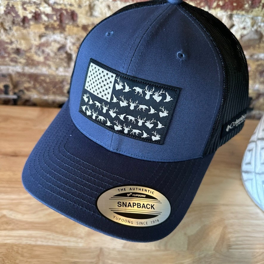 Columbia PHG Sportswear Mens Blue Antlers Flag Hat Mesh back Snapback NWT