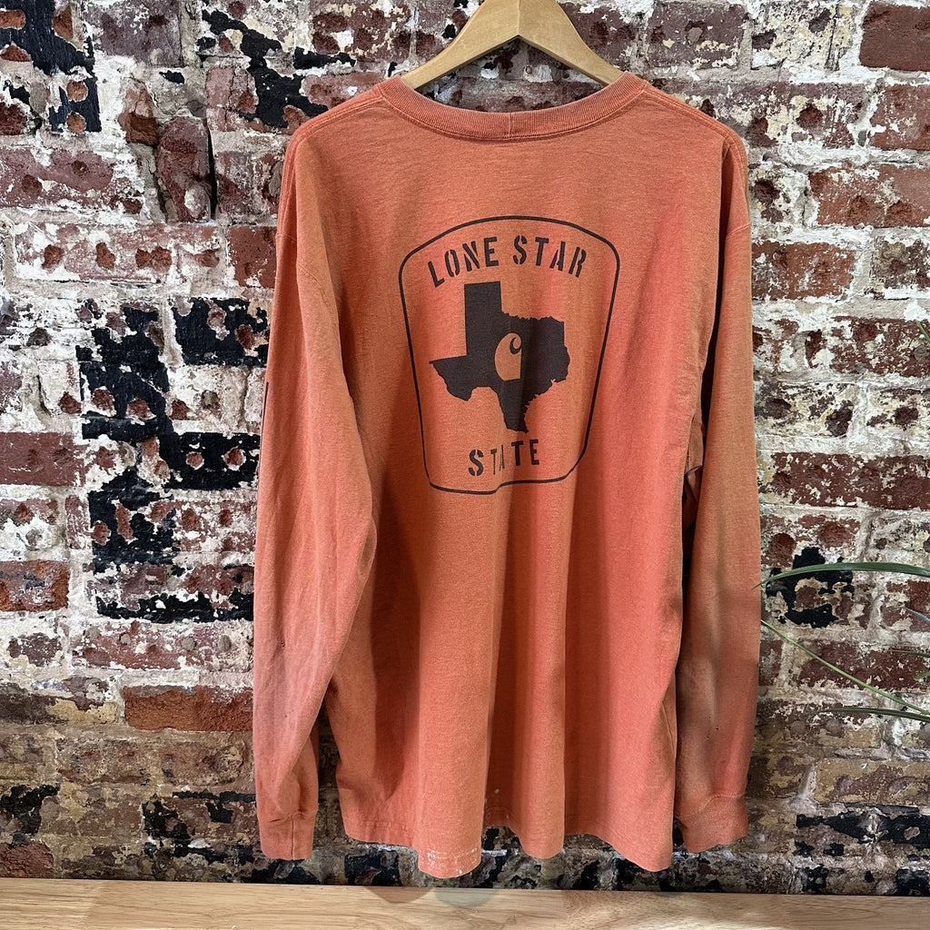 Carhartt T Shirt Mens Large Long Sleeve Workwear Lone Star Texas Orange