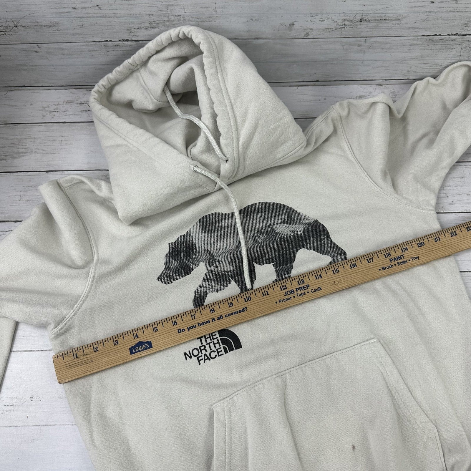 North Face Mens Small Hoodie Sweatshirt Pullover Bear logo tan beige
