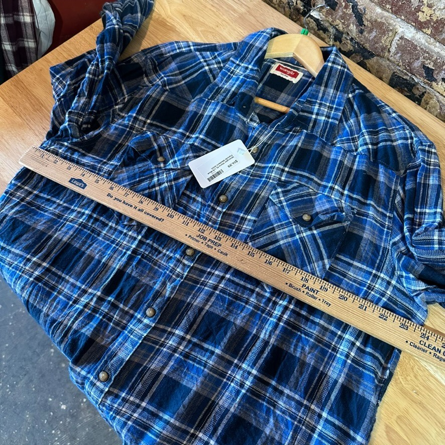 Wrangler Flannel Shirt Mens XL Premium Pearl Button Long Sleeve Plaid Blue