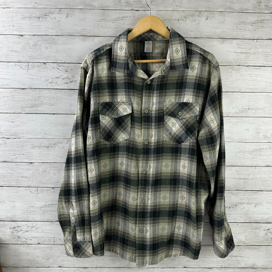 Hurley Flannel Shirt Mens Large Plaid Aztec Button Up Long Sleeve Front Pockets