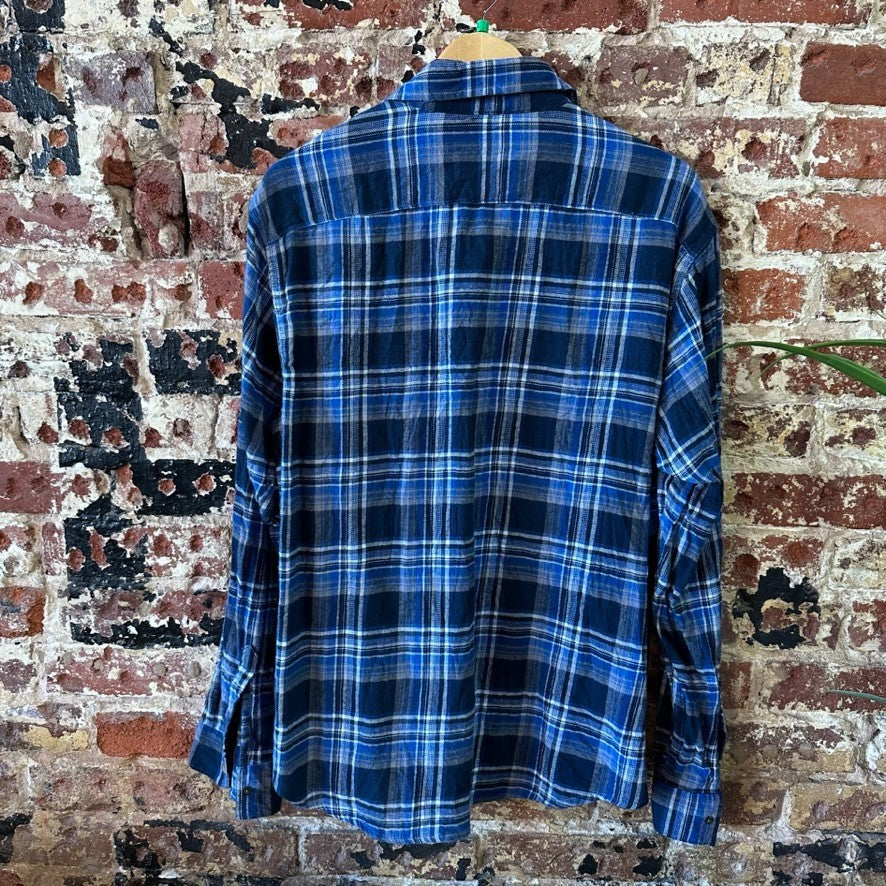 Wrangler Flannel Shirt Mens XL Premium Pearl Button Long Sleeve Plaid Blue