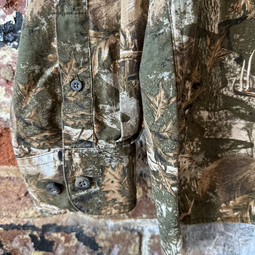 Red Head Button Down Shirt Mens Large Deer Print Brown Camouflage Buck Cotton