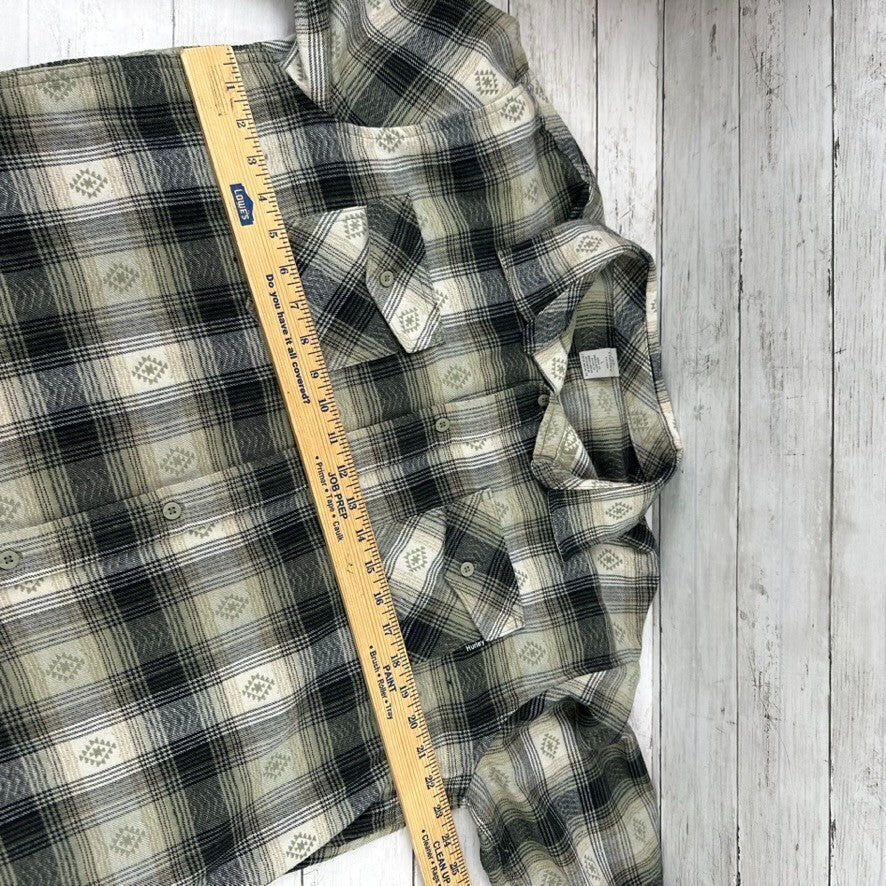 Hurley Flannel Shirt Mens Large Plaid Aztec Button Up Long Sleeve Front Pockets