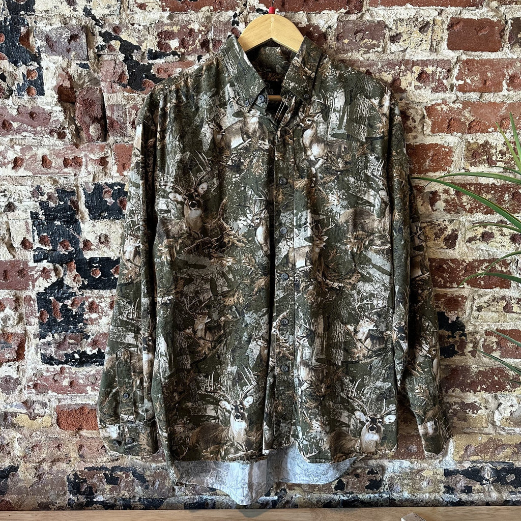 Red Head Button Down Shirt Mens Large Deer Print Brown Camouflage Buck Cotton