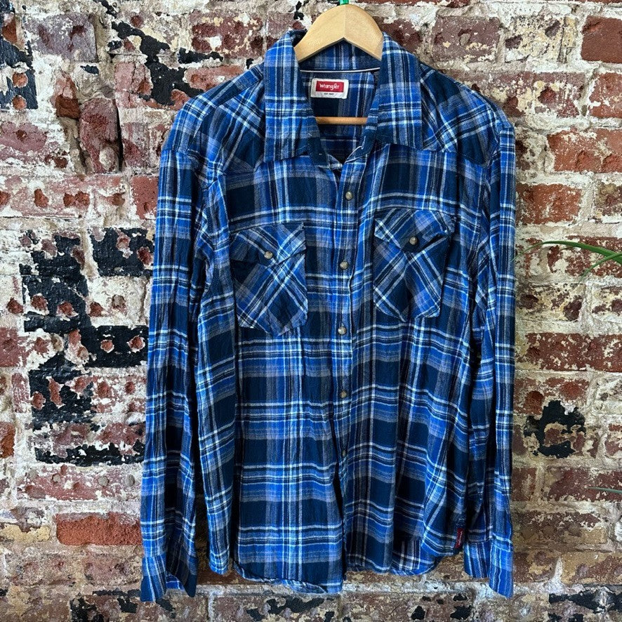 Wrangler Flannel Shirt Mens XL Premium Pearl Button Long Sleeve Plaid Blue