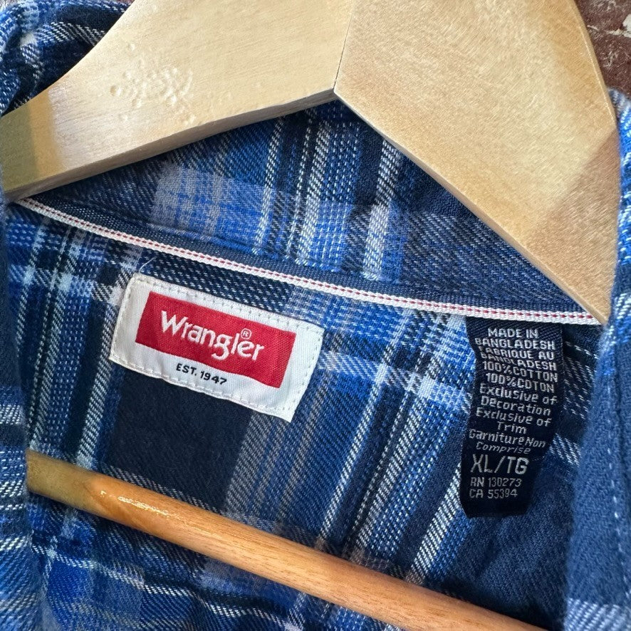 Wrangler Flannel Shirt Mens XL Premium Pearl Button Long Sleeve Plaid Blue
