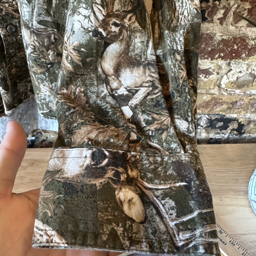 Red Head Button Down Shirt Mens Large Deer Print Brown Camouflage Buck Cotton