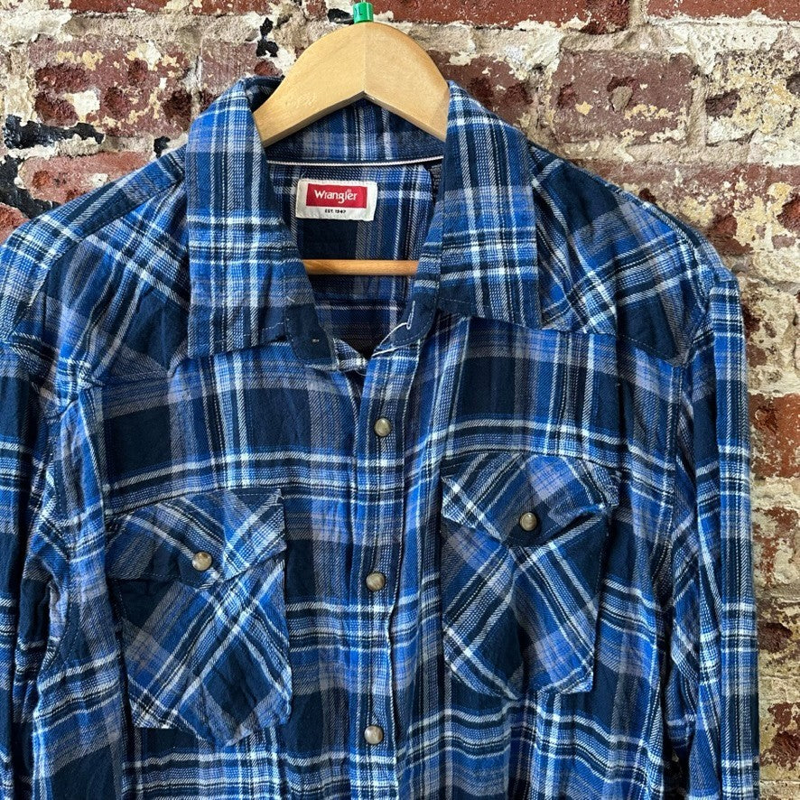 Wrangler Flannel Shirt Mens XL Premium Pearl Button Long Sleeve Plaid Blue