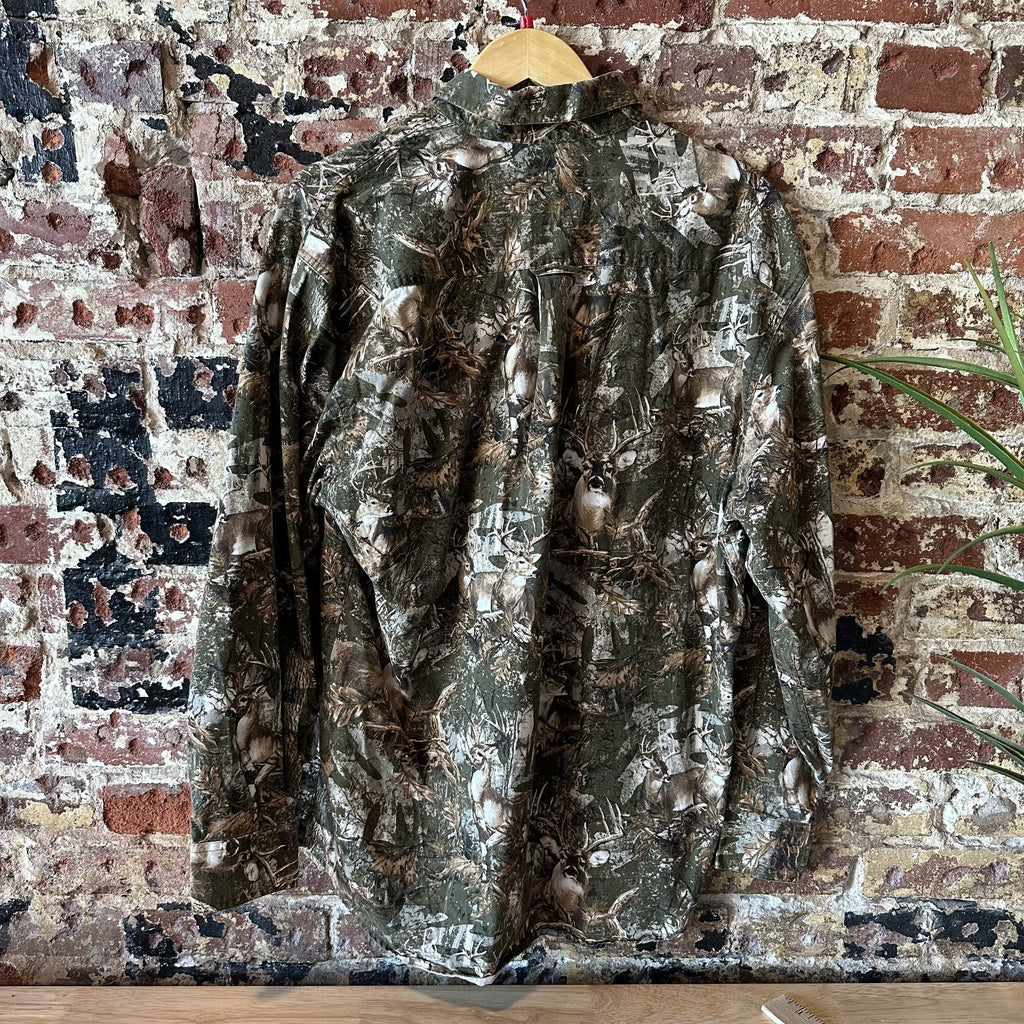 Red Head Button Down Shirt Mens Large Deer Print Brown Camouflage Buck Cotton