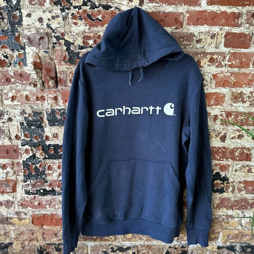 Carhartt Hoodie Sweatshirt Blue Mens Size Medium Relaxed Fit Spellout