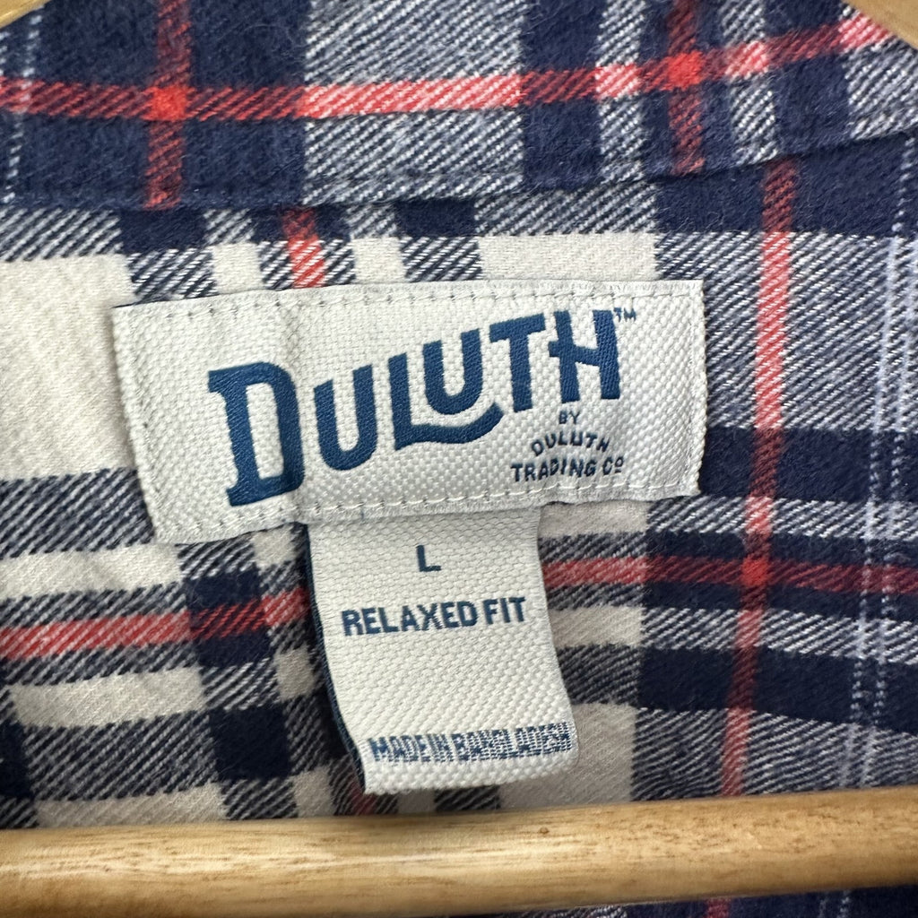 Duluth Trading Co Men’s Large Cotton Blue Red Plaid Long Sleeve Flannel Shirt