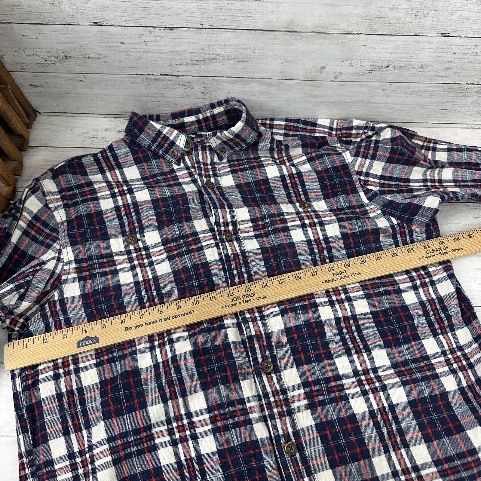 Duluth Trading Co Men’s Large Cotton Blue Red Plaid Long Sleeve Flannel Shirt