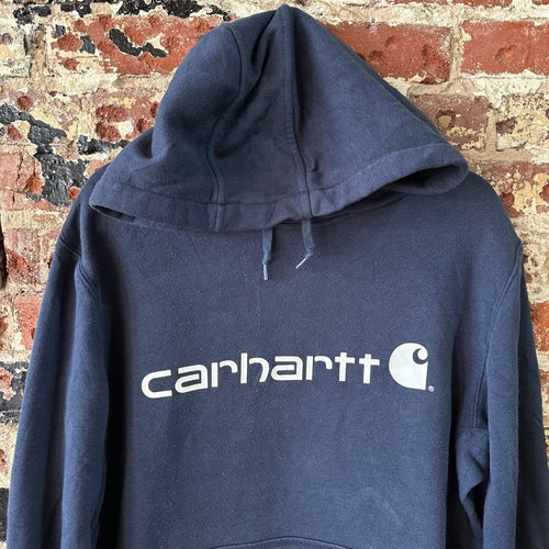 Carhartt Hoodie Sweatshirt Blue Mens Size Medium Relaxed Fit Spellout