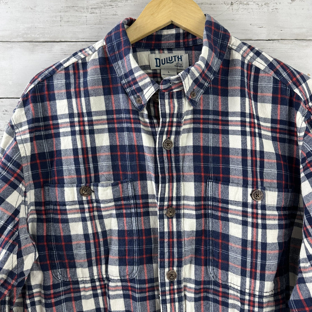 Duluth Trading Co Men’s Large Cotton Blue Red Plaid Long Sleeve Flannel Shirt