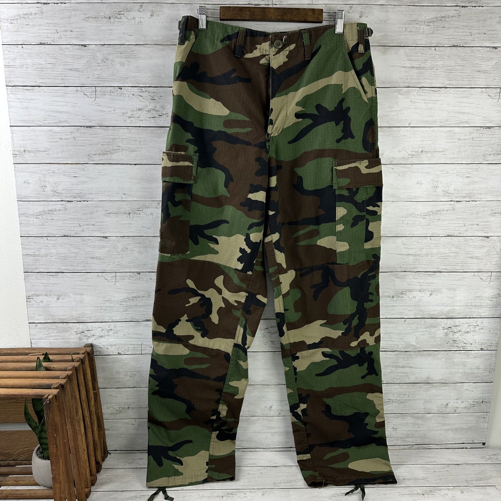 US Military Pants Mens Medium Long Brown Green Woodland Camo Tru Spec BDU 34x33"