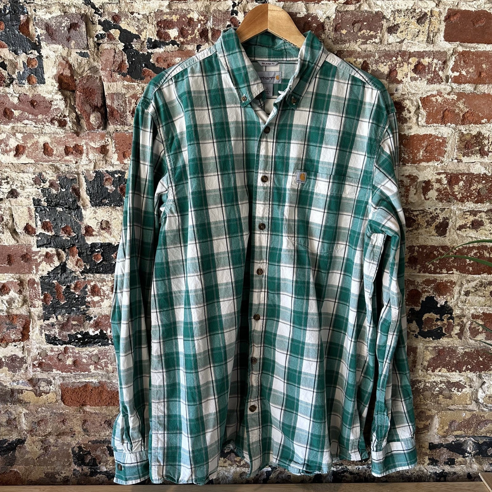 Carhartt Relaxed Fit Long Sleeve Mens Shirt Large Button Green plaid