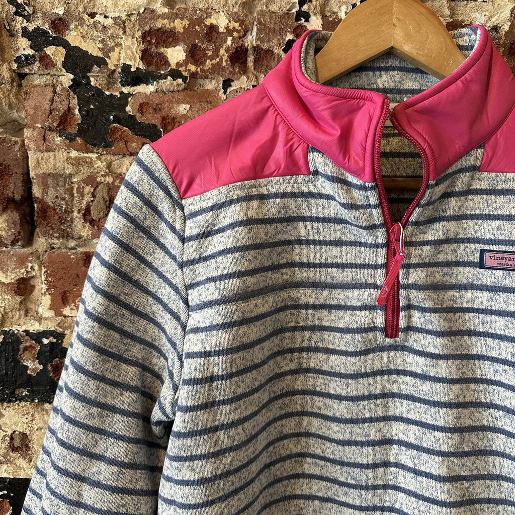 Vineyard Vines Sweater Women's Small Gray Blue Pink Stripe 1/4 Zip Pullover