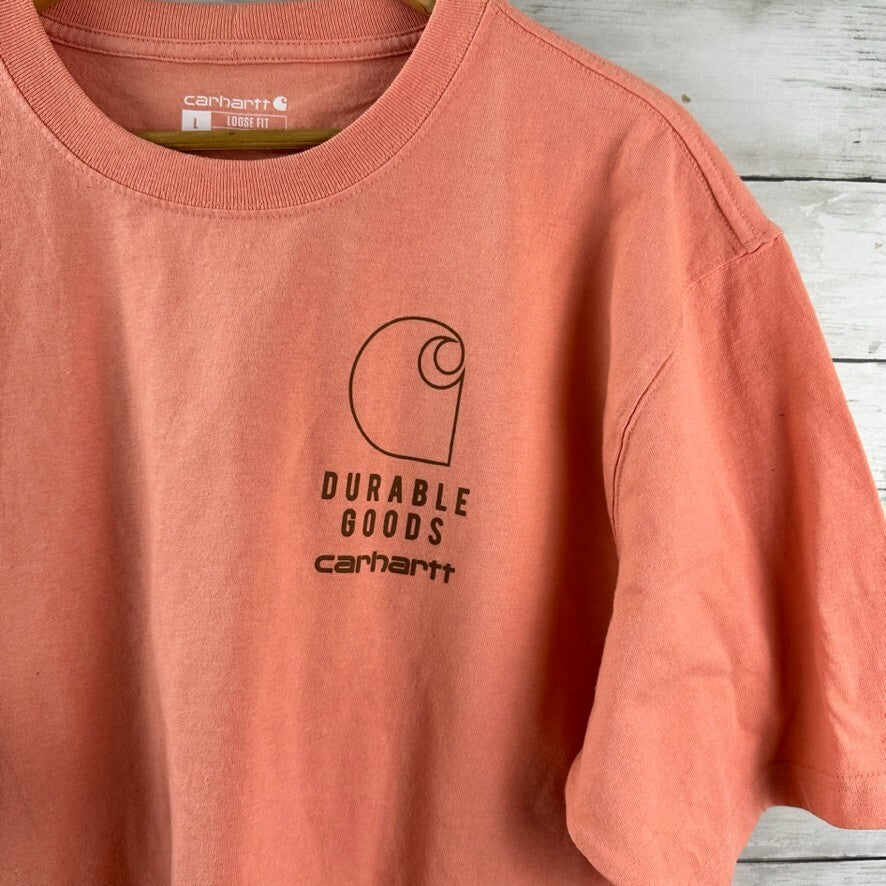 Carhartt Men's Large short Sleeve Loose Fit T Shirt pink Durable Goods Logo T