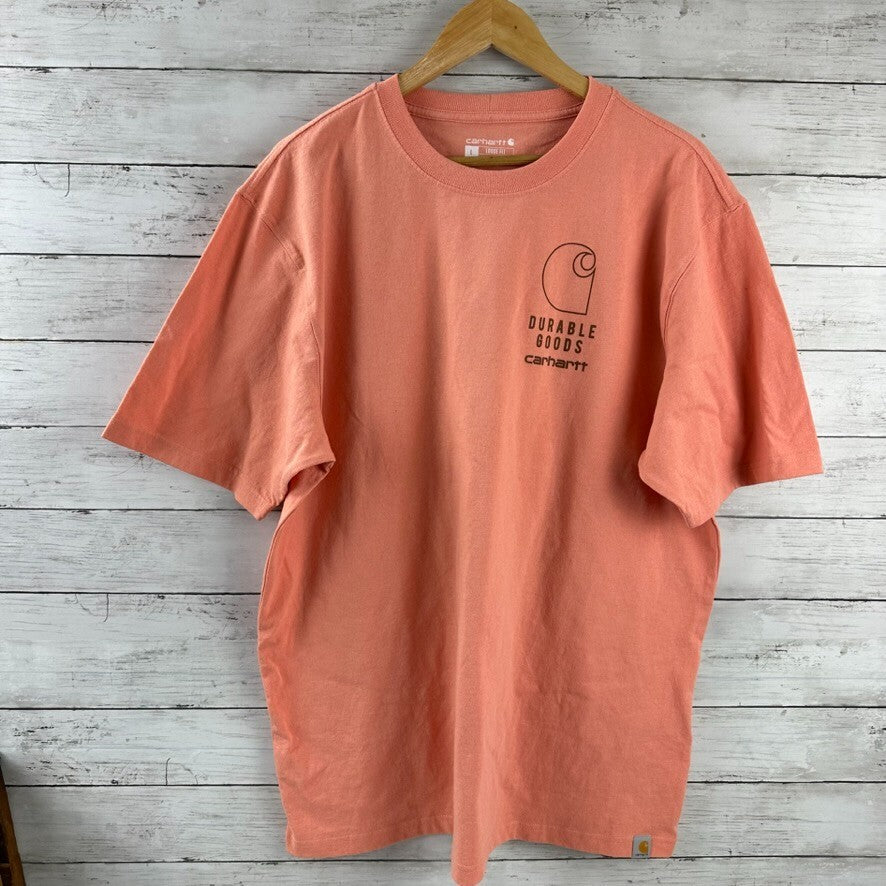 Carhartt Men's Large short Sleeve Loose Fit T Shirt pink Durable Goods Logo T