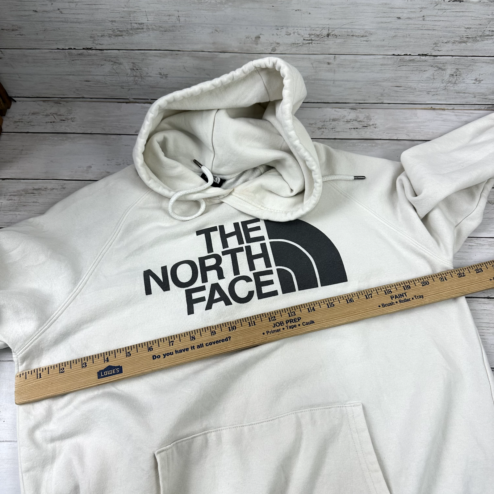 North Face Womens Large beige Gray logo Hoodie Sweatshirt Pullover