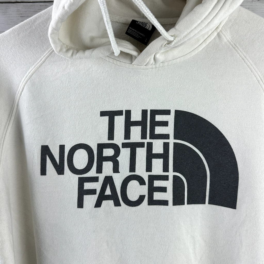 North Face Womens Large beige Gray logo Hoodie Sweatshirt Pullover