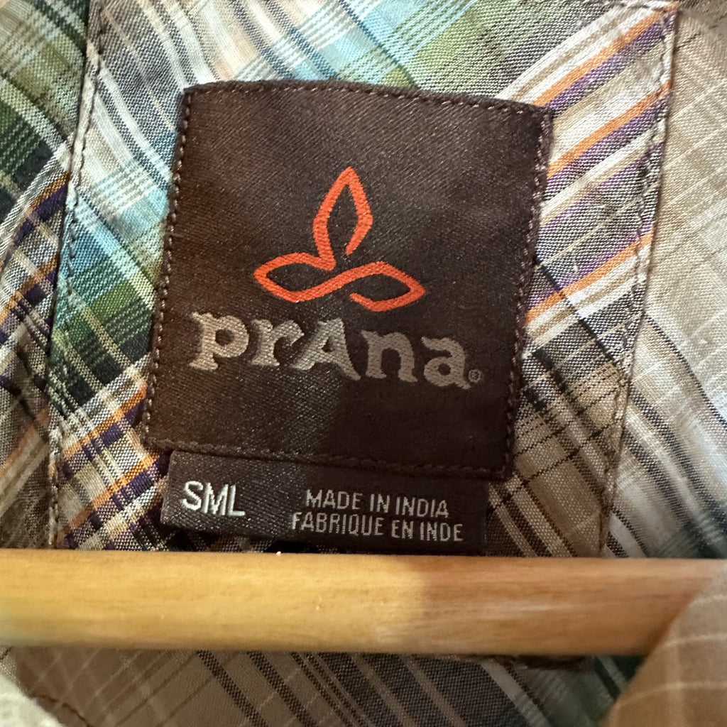 PrAna Short Sleeve Button Up Shirt Blue Mens Small Brown Plaid Western