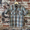 PrAna Short Sleeve Button Up Shirt Blue Mens Small Brown Plaid Western