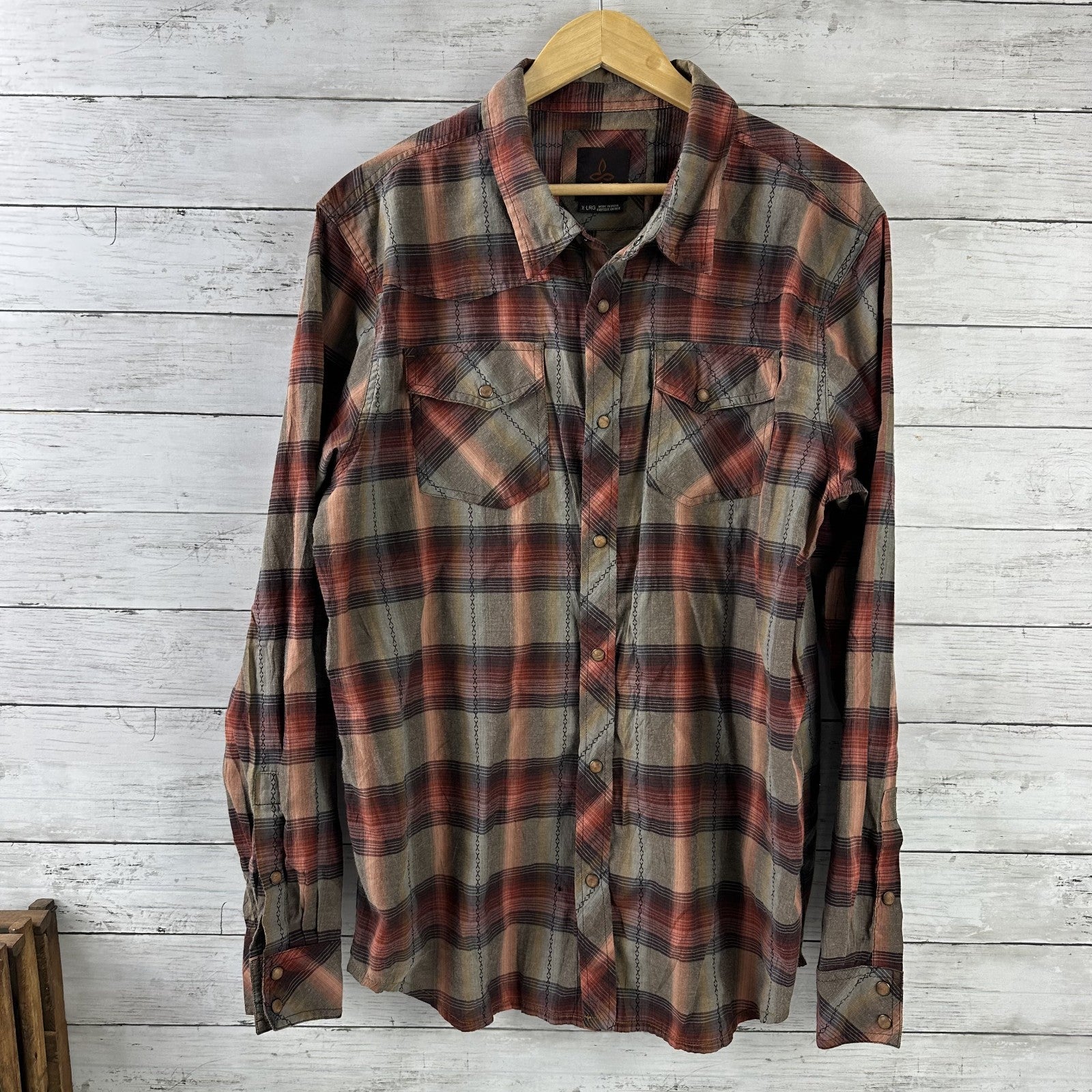 PrAna Shirt Mens XL Snap Button Long Sleeve Western Style Rockabilly plaid
