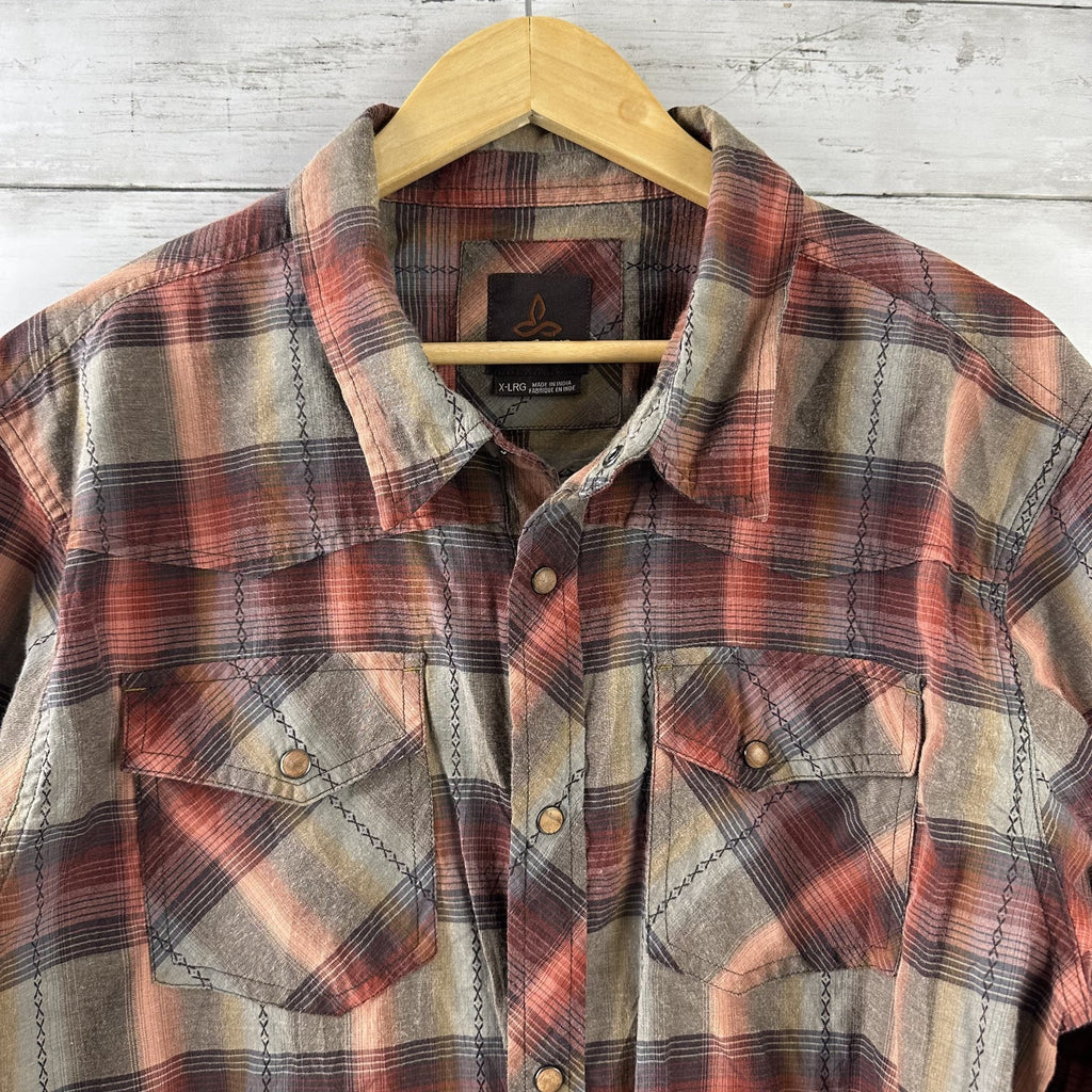 PrAna Shirt Mens XL Snap Button Long Sleeve Western Style Rockabilly plaid