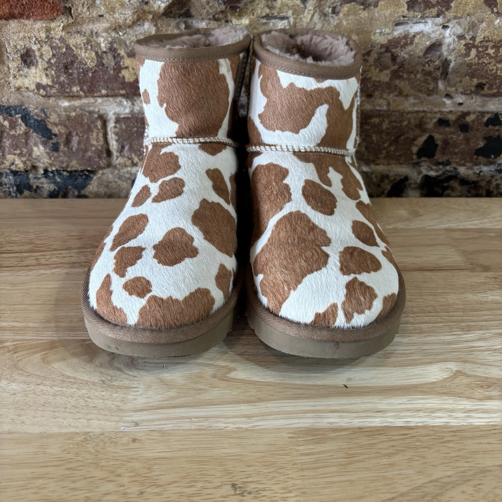 UGG Classic Mini Boots Womens 9 Brown And White Cow Print