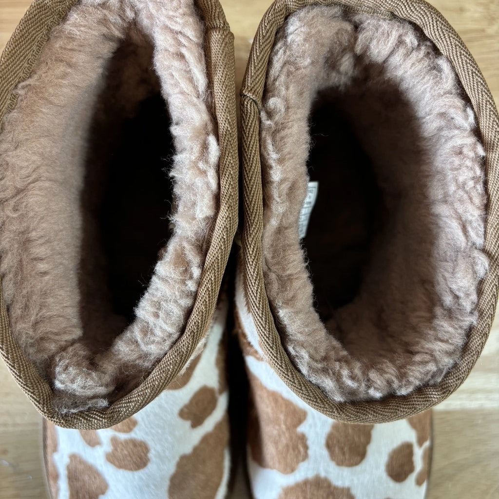 UGG Classic Mini Boots Womens 9 Brown And White Cow Print