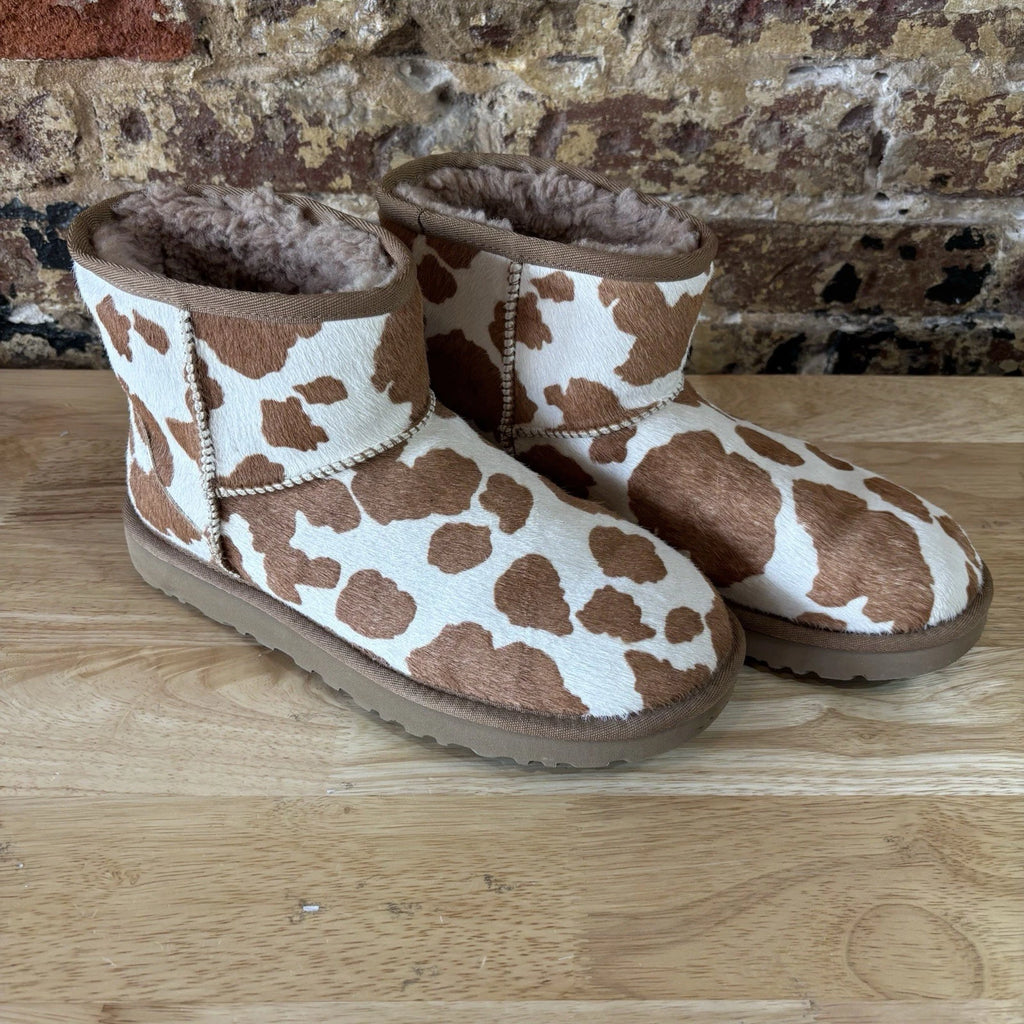 UGG Classic Mini Boots Womens 9 Brown And White Cow Print